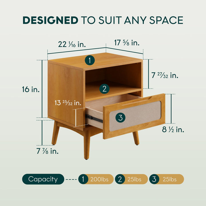 Calista 1-drawer nightstand, featuring rubber wood veneer, teak brown finish, and bedside storage, for bedroom organization