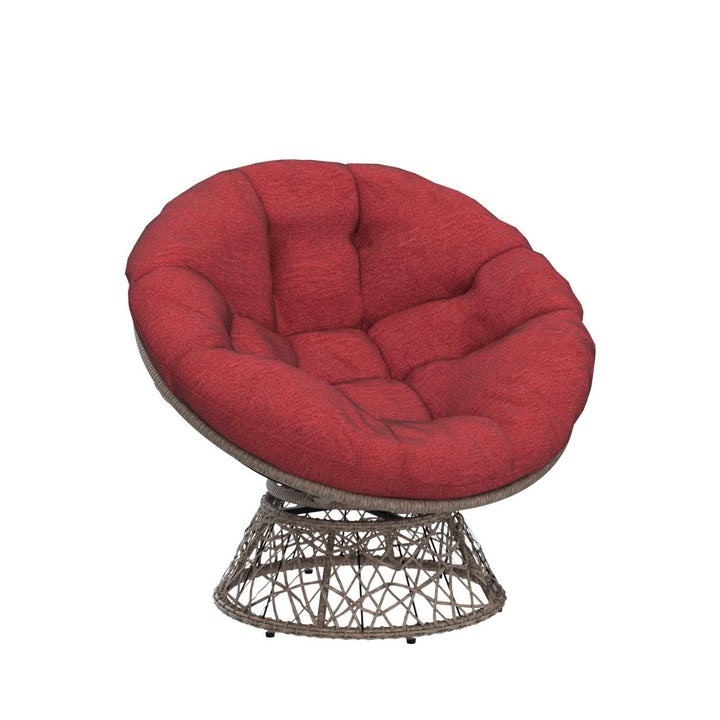 Papasan chair designed with cherry sangria cushion and brown frame for living room seating