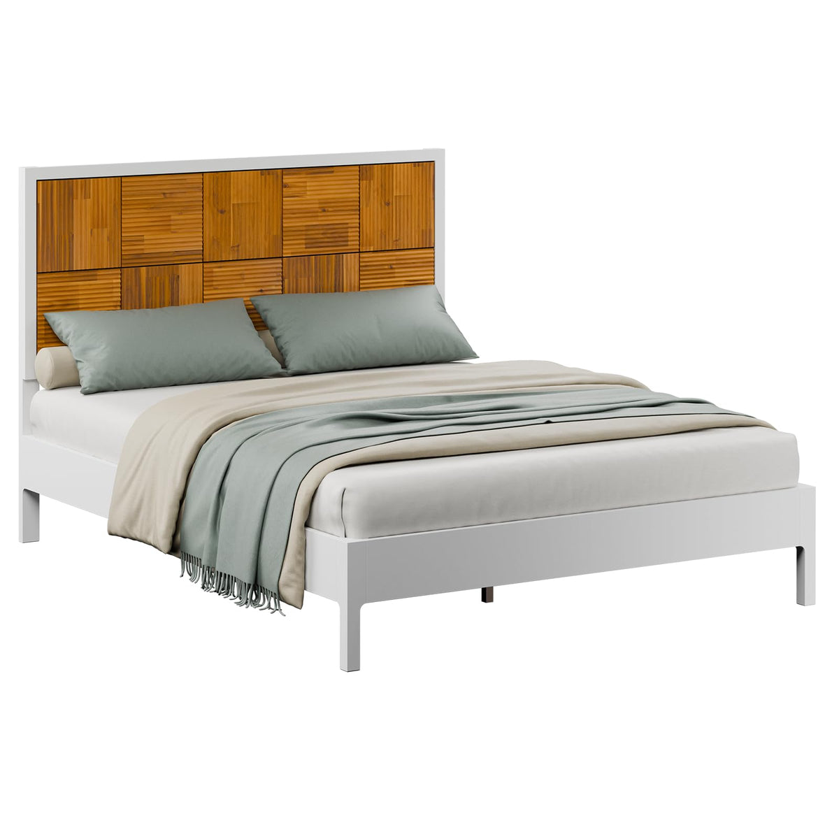 Madia queen platform bed frame with ivory white & teak brown finish; for bedroom furniture
