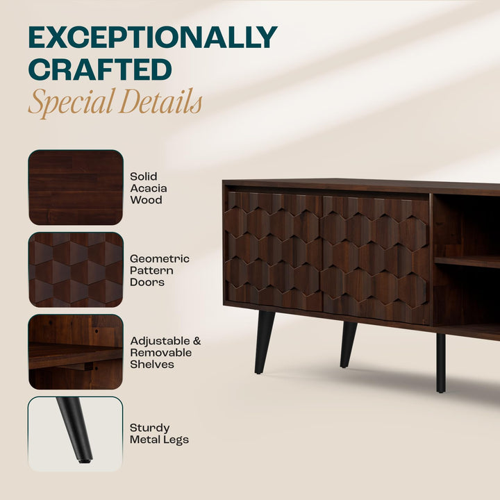 Georgina TV stand designed with 65-inch design, 2-door, walnut finish, and media storage for living room media