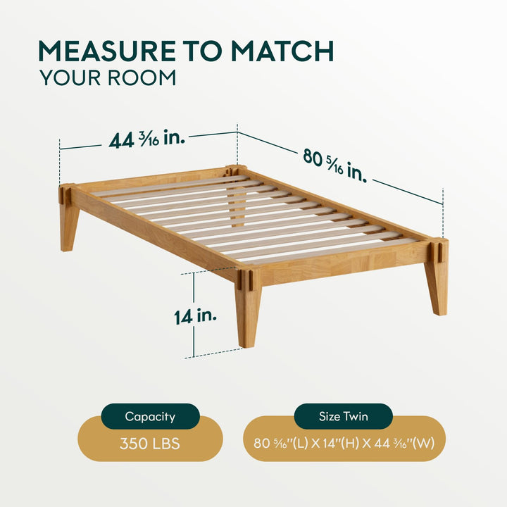 Chalipa twin platform bed frame, featuring light natural finish, for mattress placement