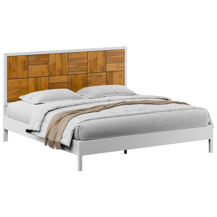 Madia king platform bed frame with ivory white & teak brown finish; for bedroom furniture