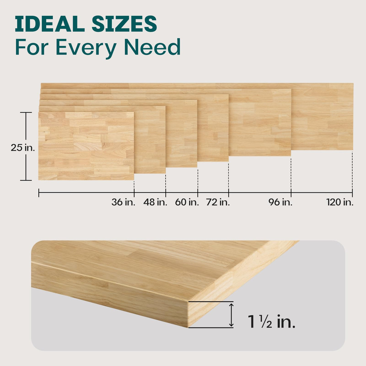 Acacia wood butcher block countertop with 48 in x 25 in x 1.5 in and walnut finish; for custom work surfaces