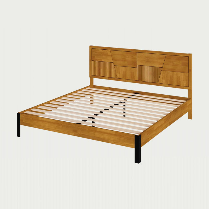 Trapeze king platform bed frame with teak brown finish for a complete bed arrangement