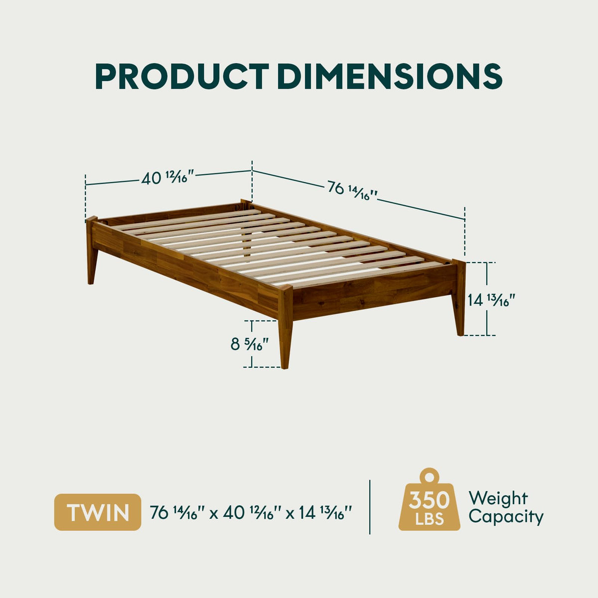 Dinkee twin platform bed frame, featuring headboard- design and caramel finish, for mattress placement