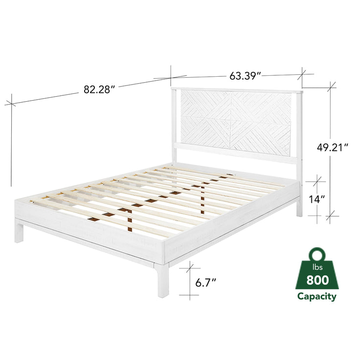 Ethan queen platform bed frame, featuring headboard and rustic white finish, for mattress placement