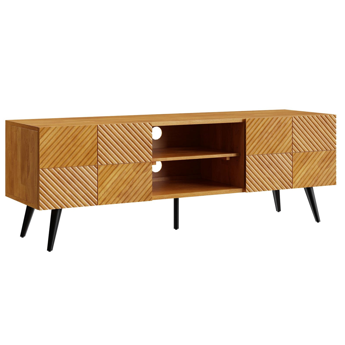 Rhombus TV stand with teak brown finish and media storage; for a home entertainment area