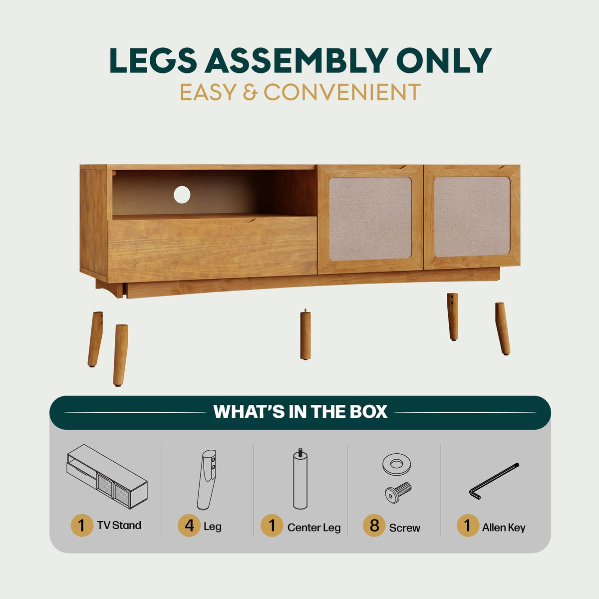 Calista TV stand with 1-drawer, 2-door, teak brown finish, and media storage; for living room setup