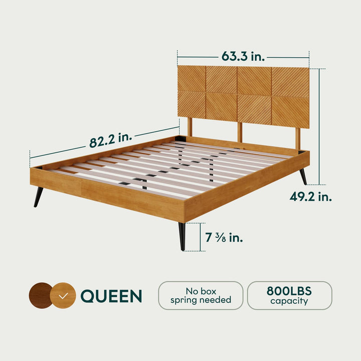 Rhombus queen platform bed frame, featuring teak brown finish, for mattress placement
