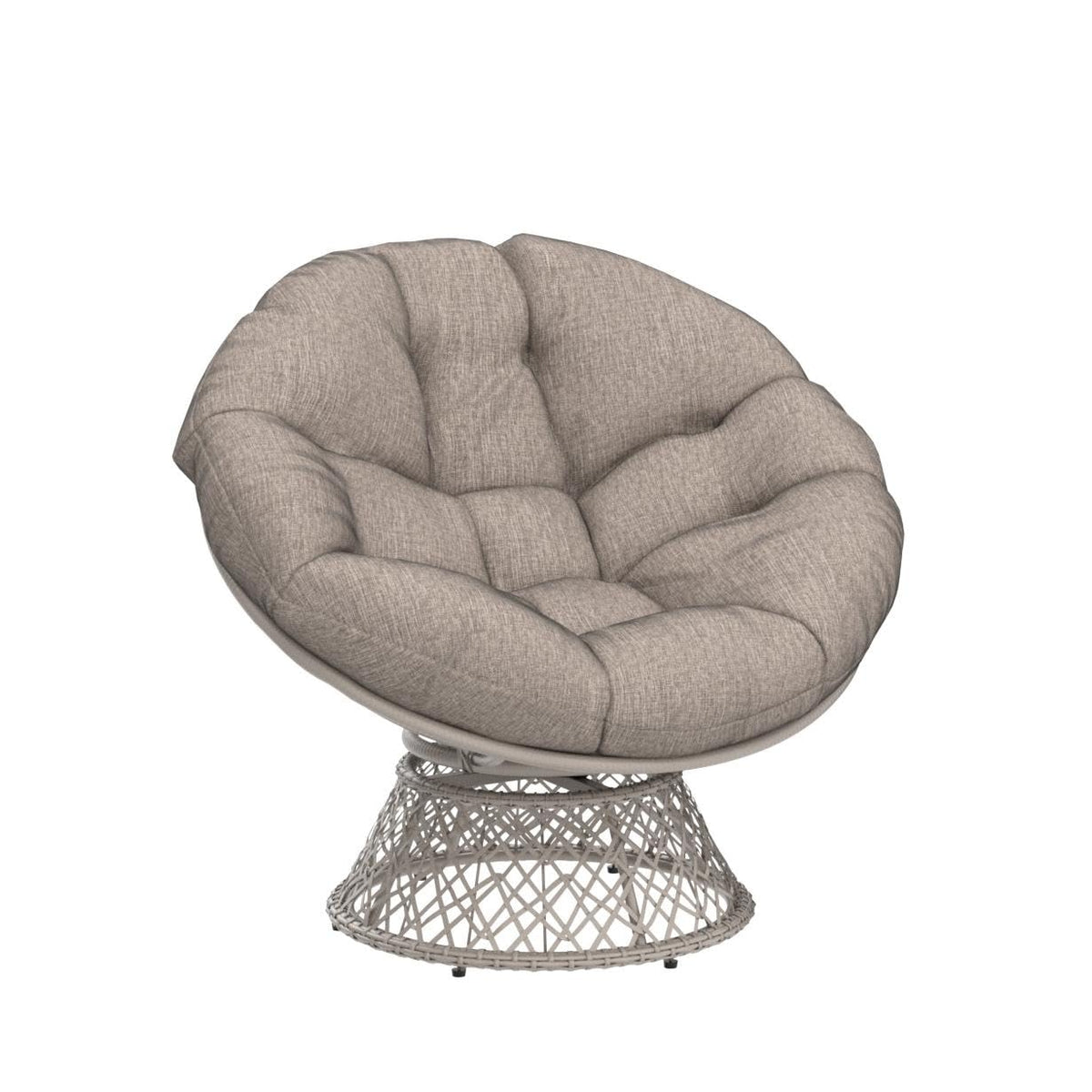 Papasan chair designed with silver cloud cushion and white frame for living room seating