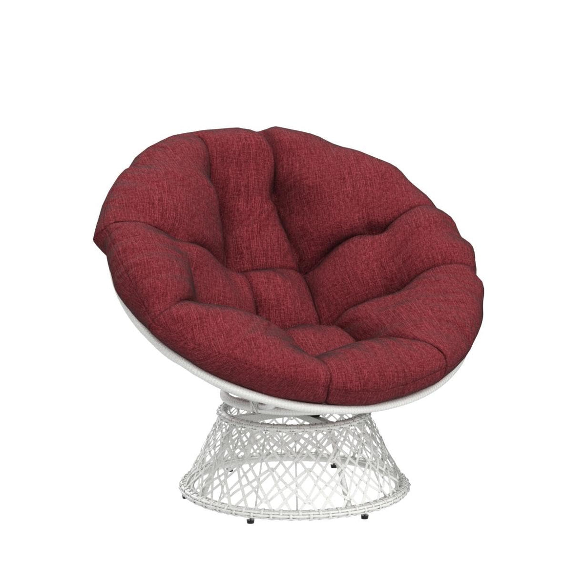 Papasan chair designed with cherry sangria cushion and white frame for living room seating