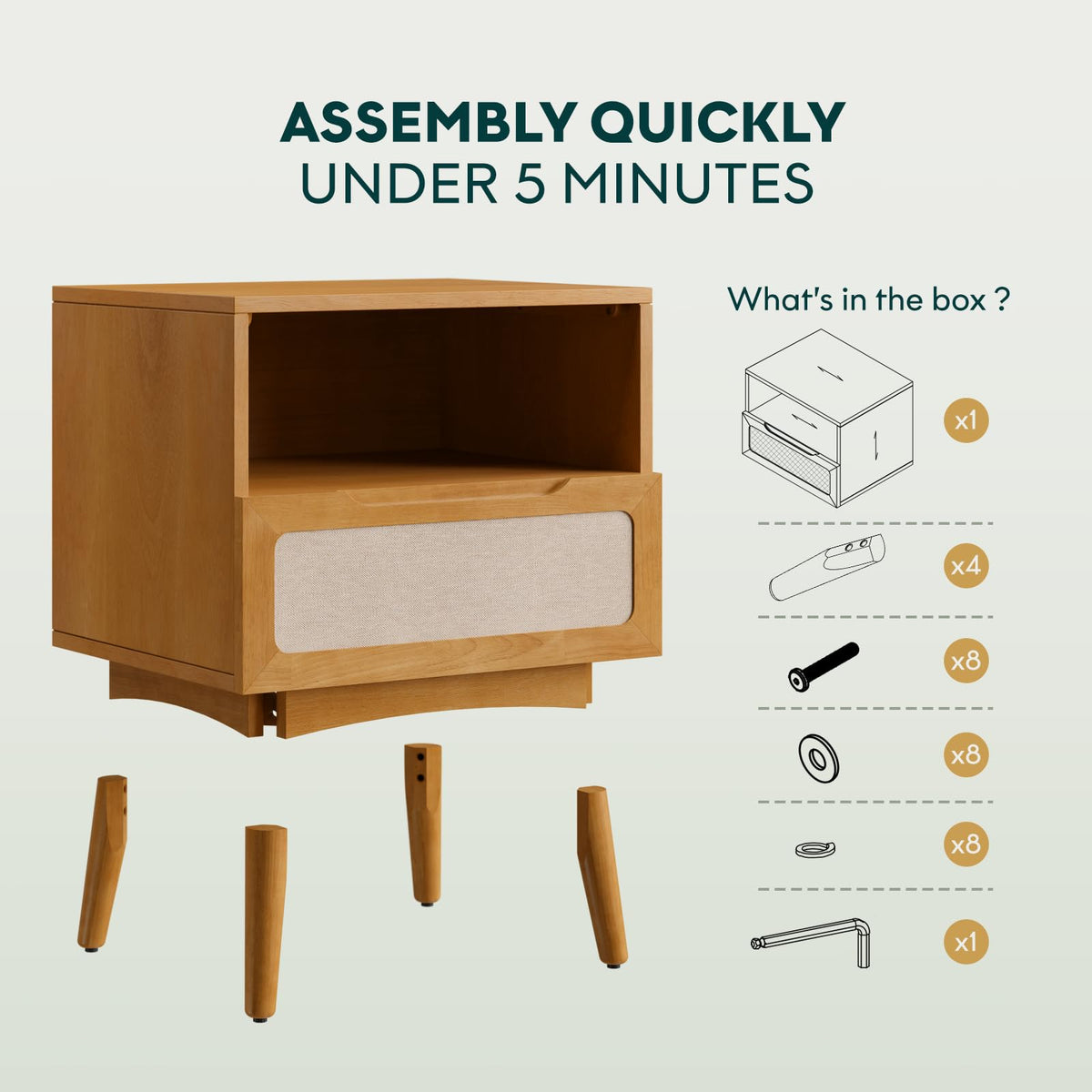 Calista 1-drawer nightstand with rubber wood veneer, teak brown finish, and bedside storage; for everyday bedside use