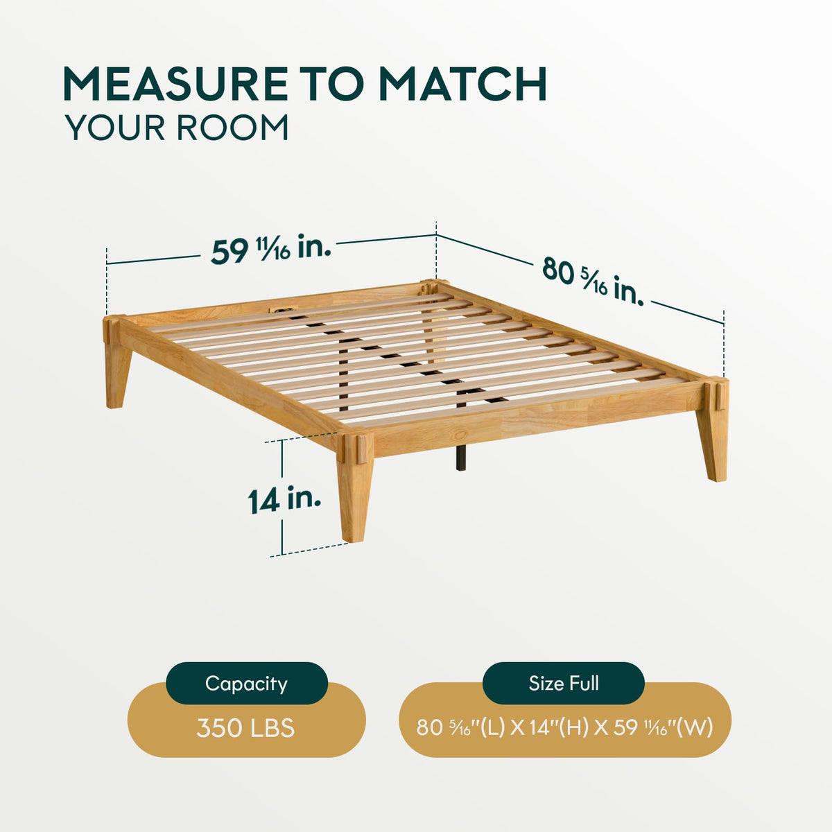 Chalipa full platform bed frame, featuring light natural finish, for mattress placement