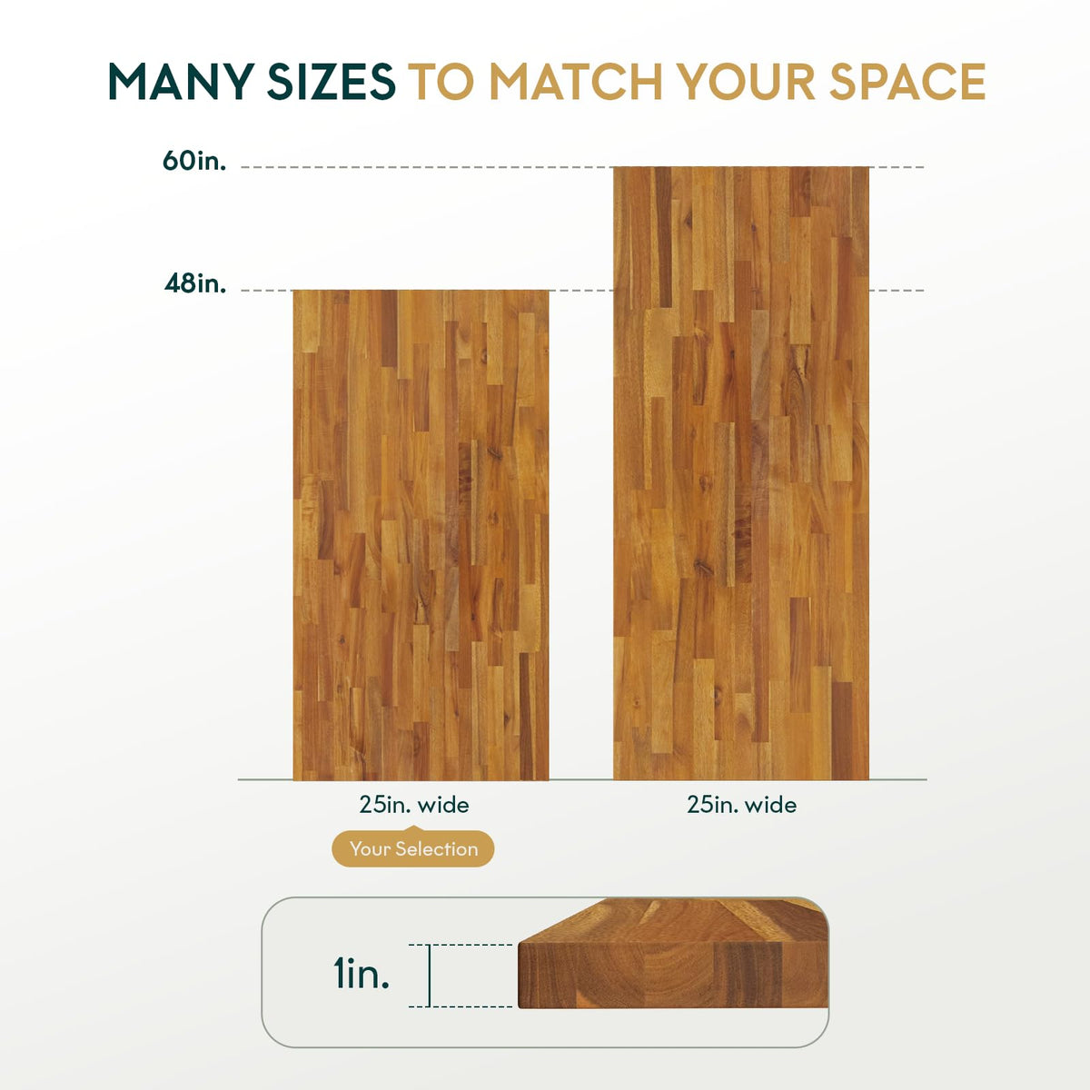 Wood tabletop panel, featuring 48 in x 25 in x 1 in and teak-look finish, for dining table projects