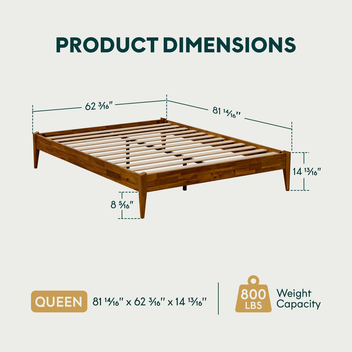 Dinkee queen platform bed frame, featuring headboard- design and caramel finish, for mattress placement