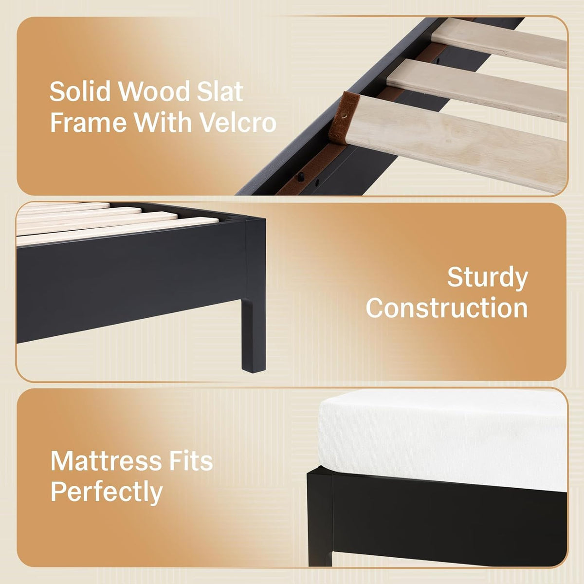 Madia king platform bed frame, featuring black & teak brown finish, for a platform bed setup