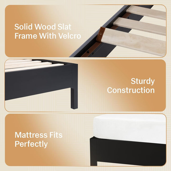 Madia king platform bed frame, featuring black & teak brown finish, for a platform bed setup