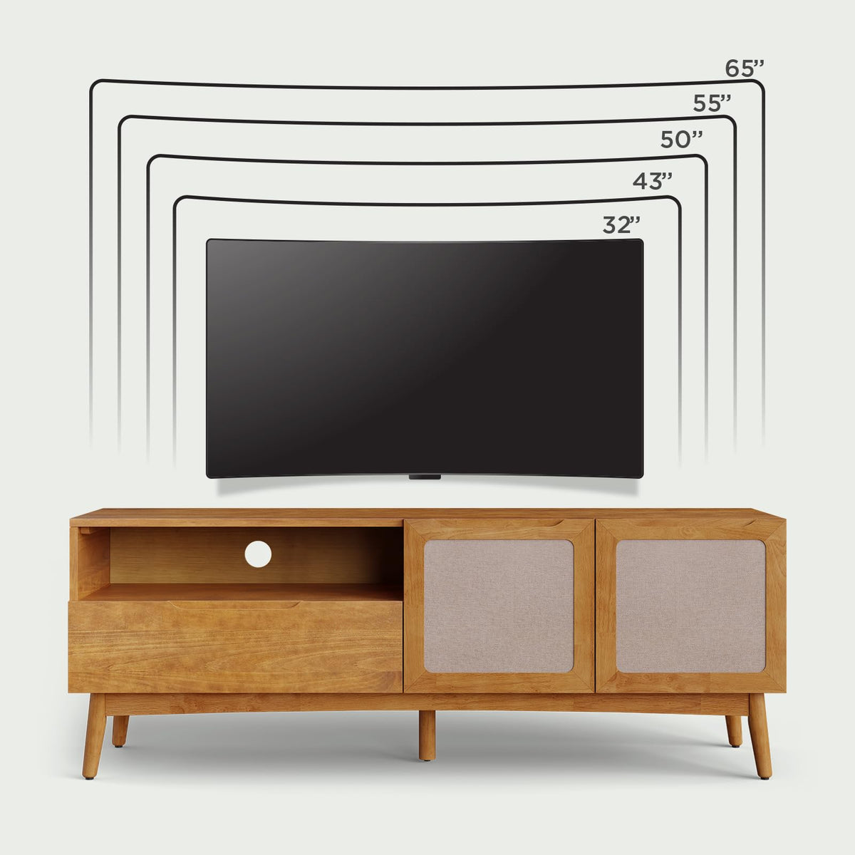 Calista TV stand designed with 1-drawer, 2-door, teak brown finish, and media storage for living room media