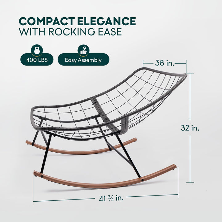 Metal moon rocking chair, featuring grey cushion and wood-texture frame, for relaxation