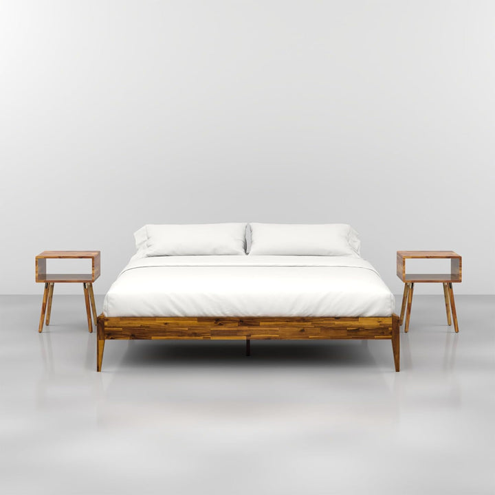 Dinkee king platform bed frame with headboard- design and caramel finish for everyday bedroom use