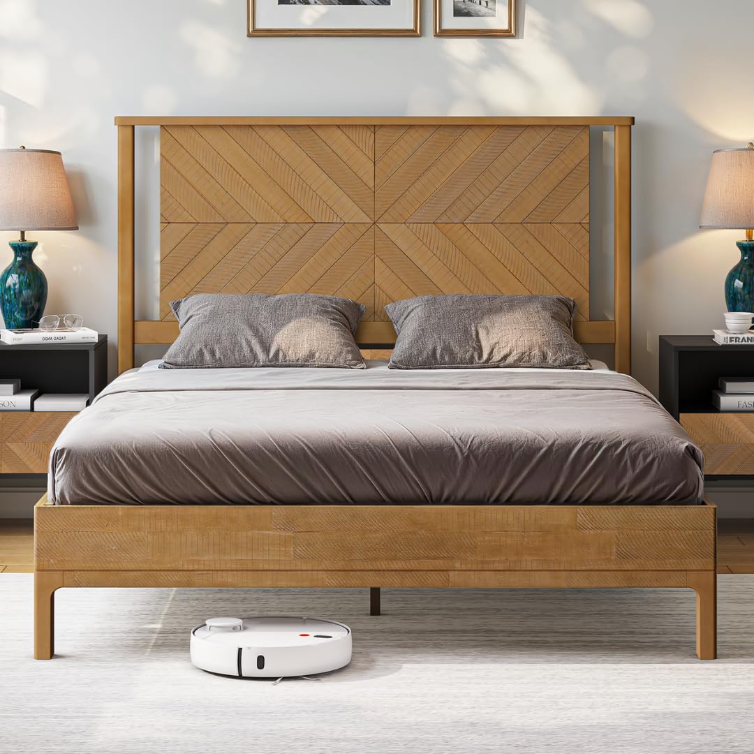 Vivian queen platform bed frame with headboard, acacia wood, and rustic seadrift finish for bedroom setup
