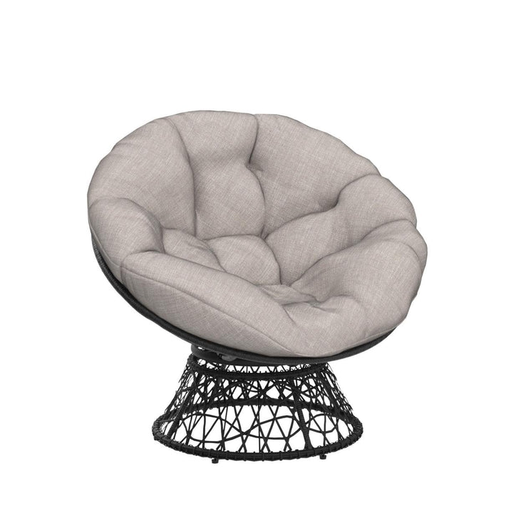 Papasan chair designed with silver cloud cushion and black frame for living room seating