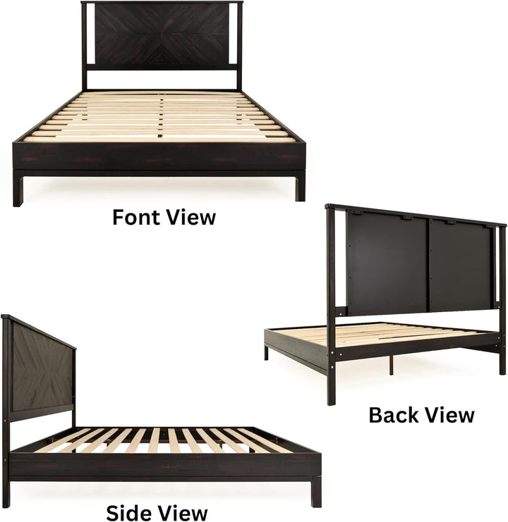 Vivian queen platform bed frame with headboard, acacia wood, and rustic black finish; for bedroom furniture