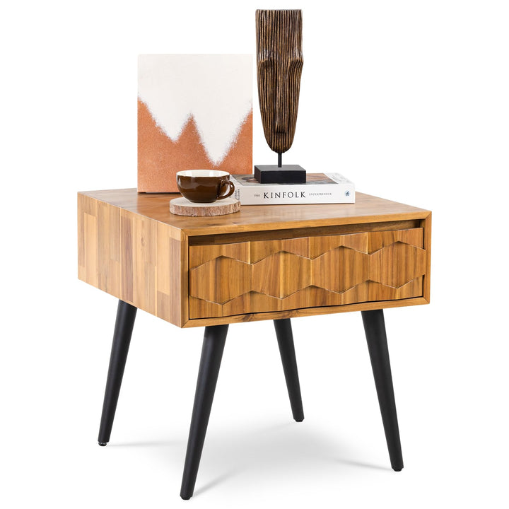 Georgina 1-drawer side table with teak brown finish and sofa-side or bedside table; for small-item storage