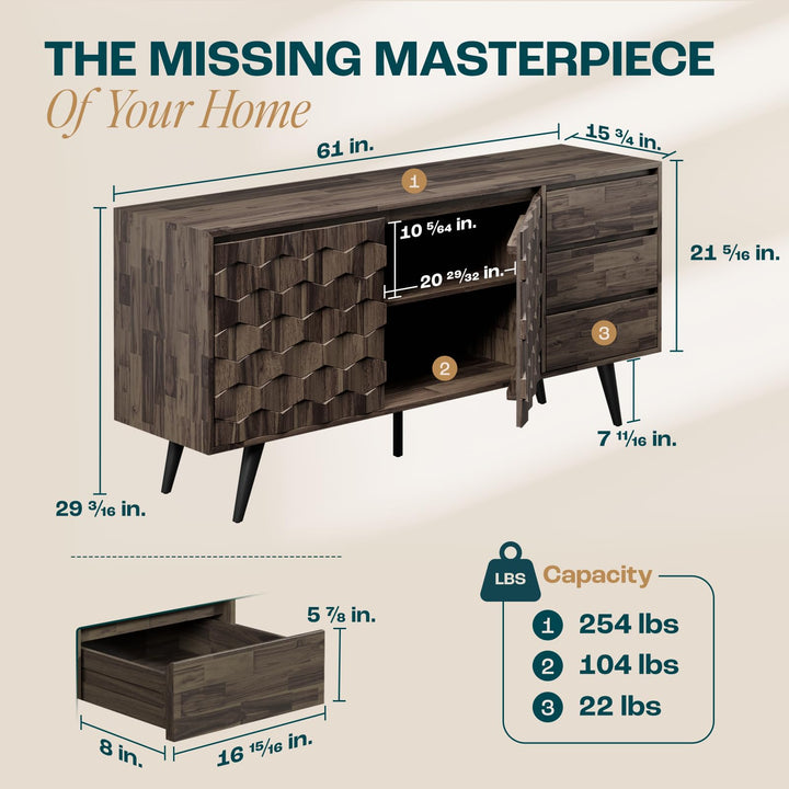 Georgina sideboard cabinet designed with mocha finish and dining or living room storage for decor display