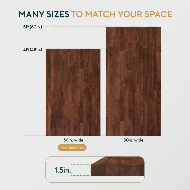 Hevea wood desktop countertop, featuring 5 ft x 30 in x 1.5 in and dark walnut finish, for desk projects