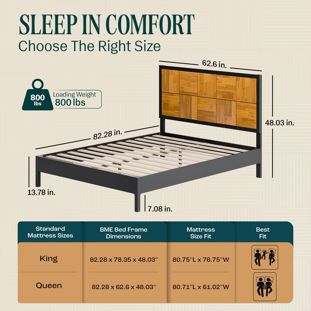 Madia queen platform bed frame, featuring black & teak brown finish, for mattress placement