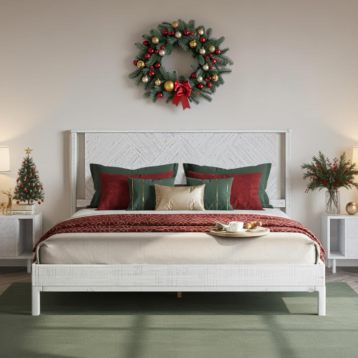 Ethan king platform bed frame with headboard and rustic white finish for bedroom setup