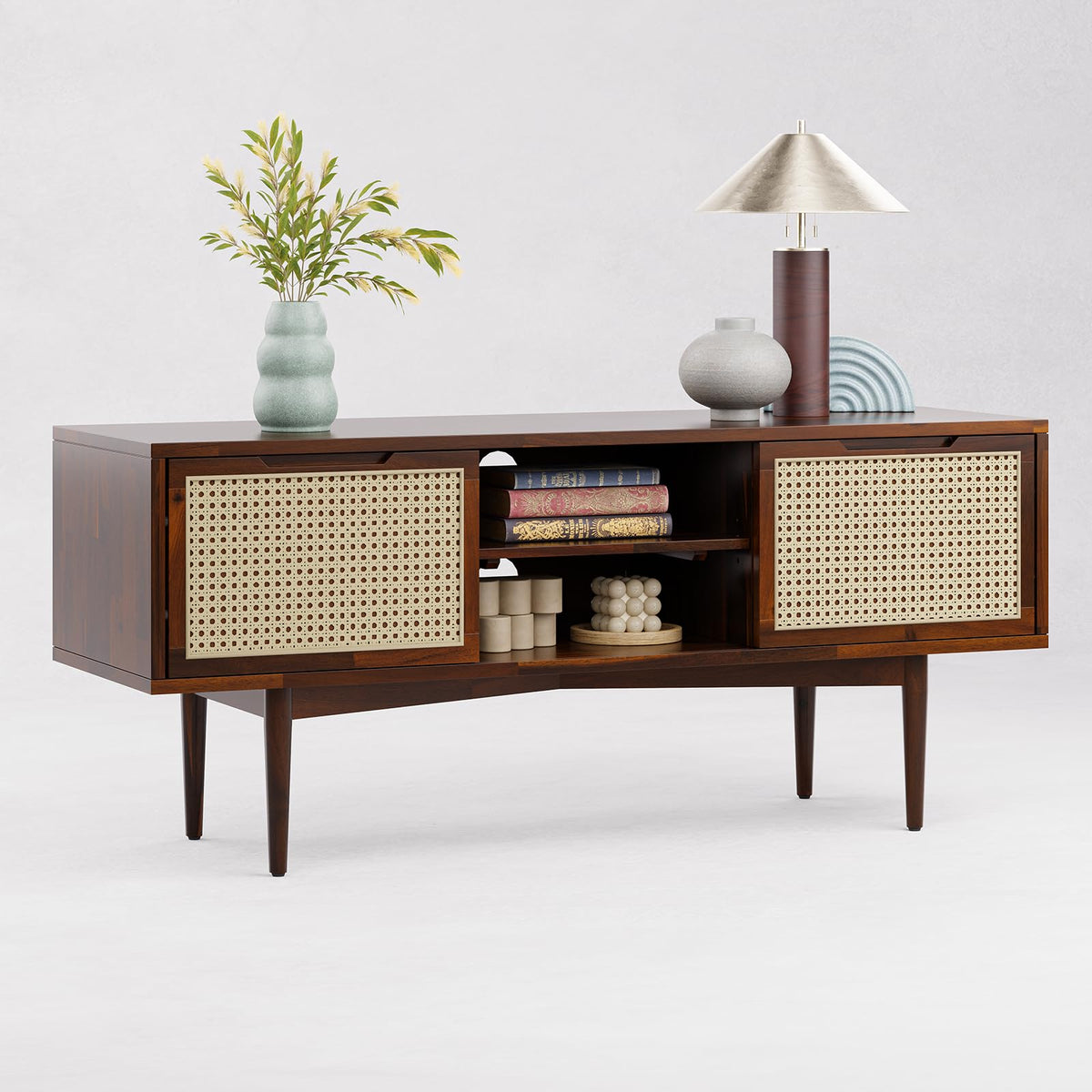 Oliver TV stand with walnut finish and media storage; for living room setup