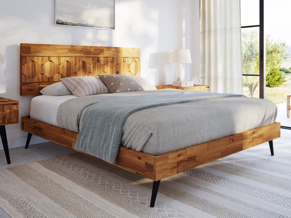 Georgina queen platform bed frame with teak brown finish; for bedroom furniture