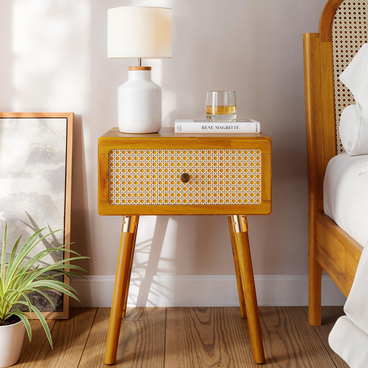 Aurelia nightstand with caramel finish and bedside storage for bedside storage