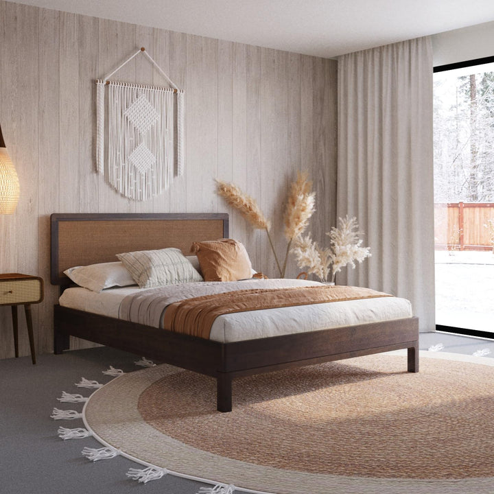 Nipe queen platform bed frame, featuring headboard and walnut finish, for a platform bed setup
