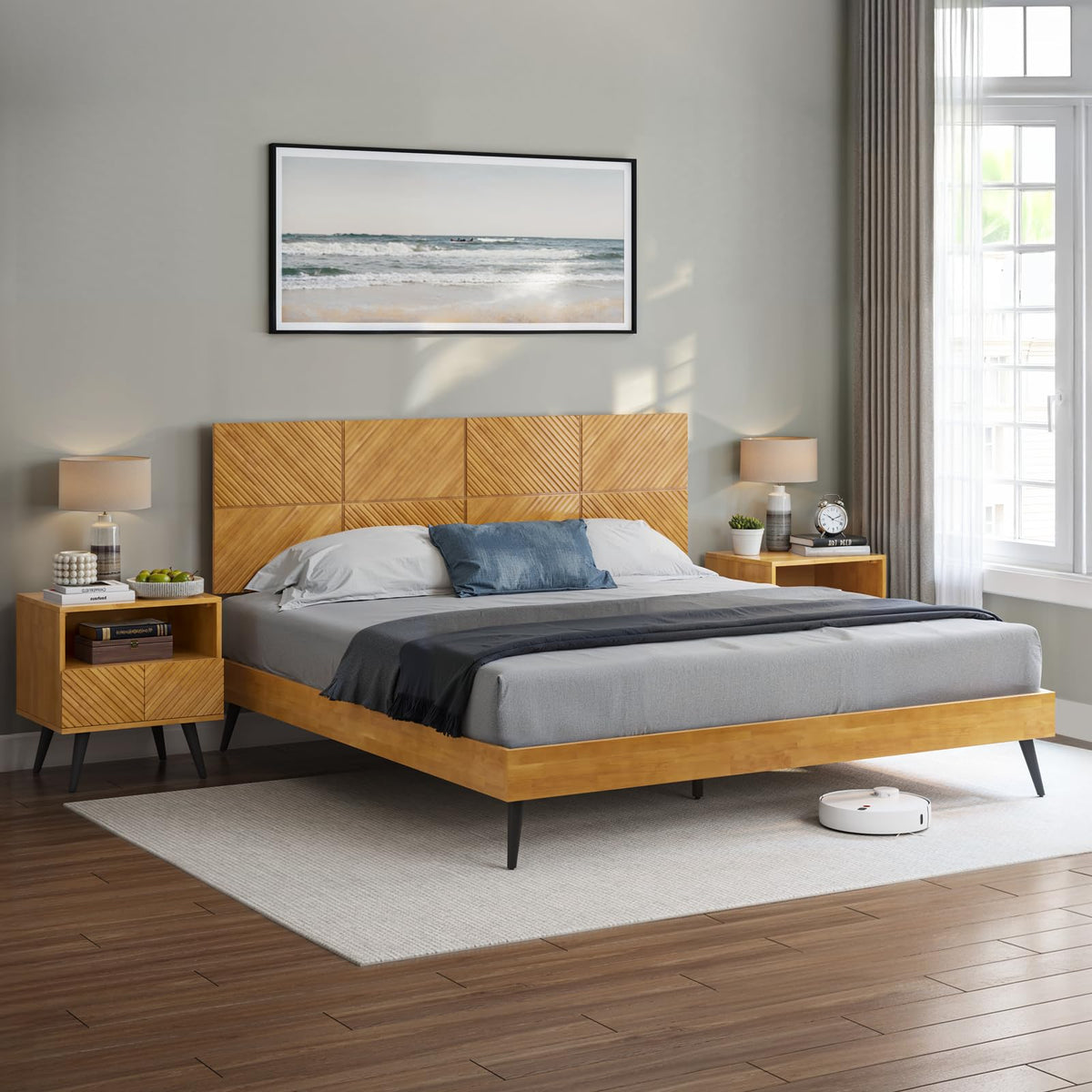 Rhombus king platform bed frame with teak brown finish; for bedroom furniture