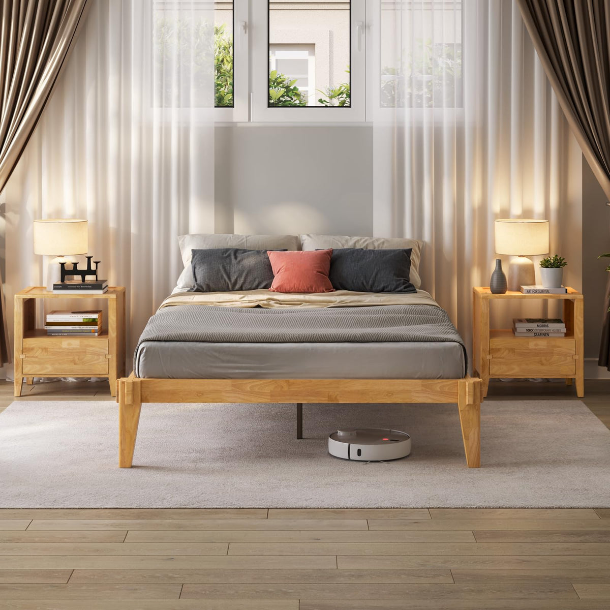 Chalipa full platform bed frame with light natural finish for bedroom setup