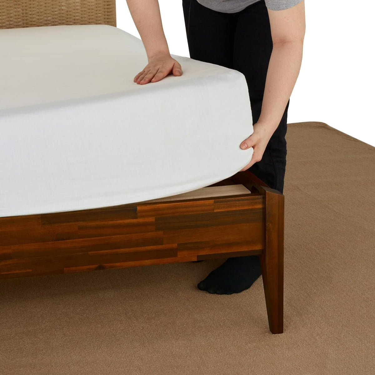 Selina queen platform bed frame with dark chocolate finish for a complete bed arrangement