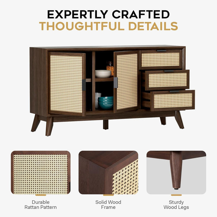 Jasper sideboard cabinet designed with walnut finish and dining or living room storage for decor display