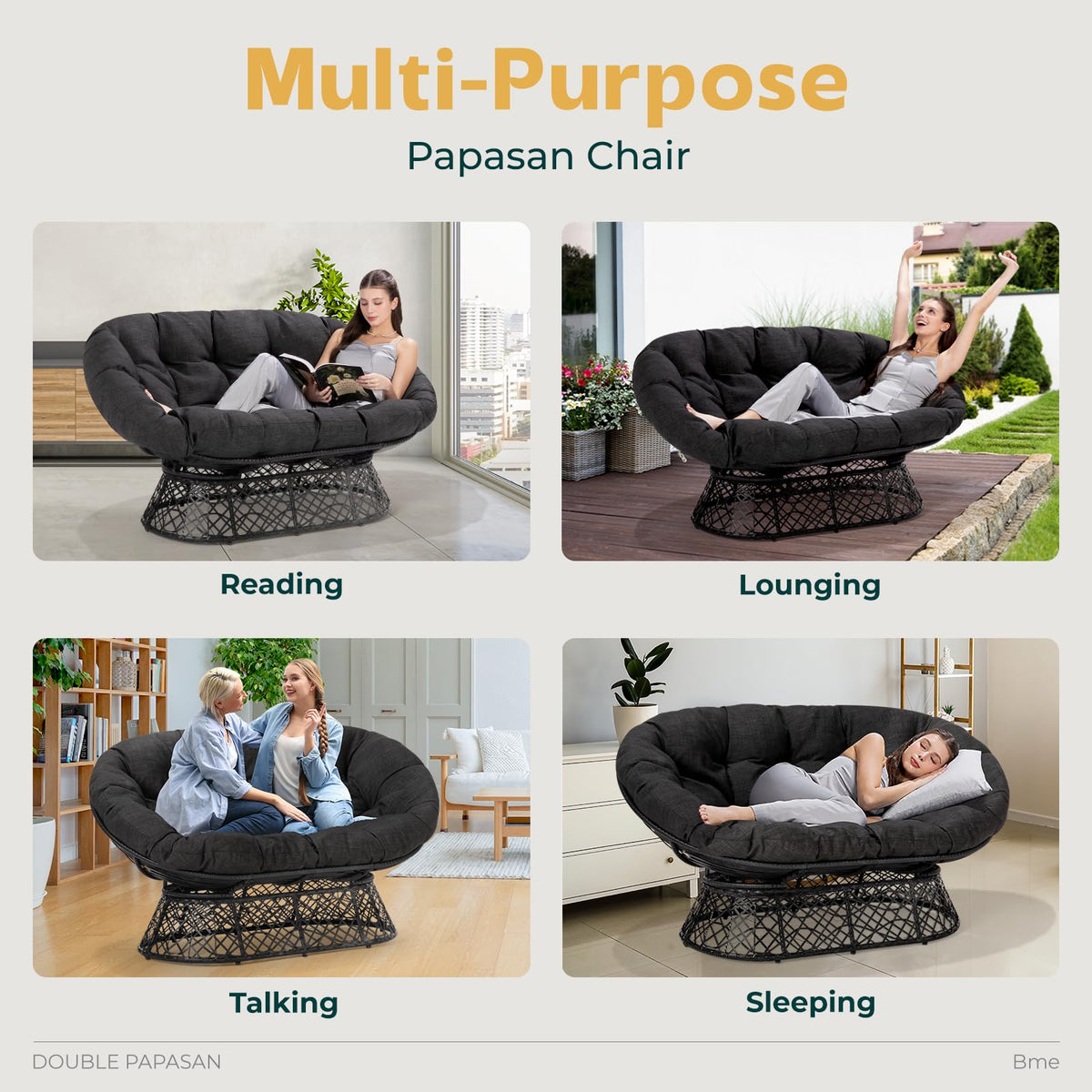 Metal double papasan chair, featuring black cushion, black frame, and double-seat design, for a lounge area