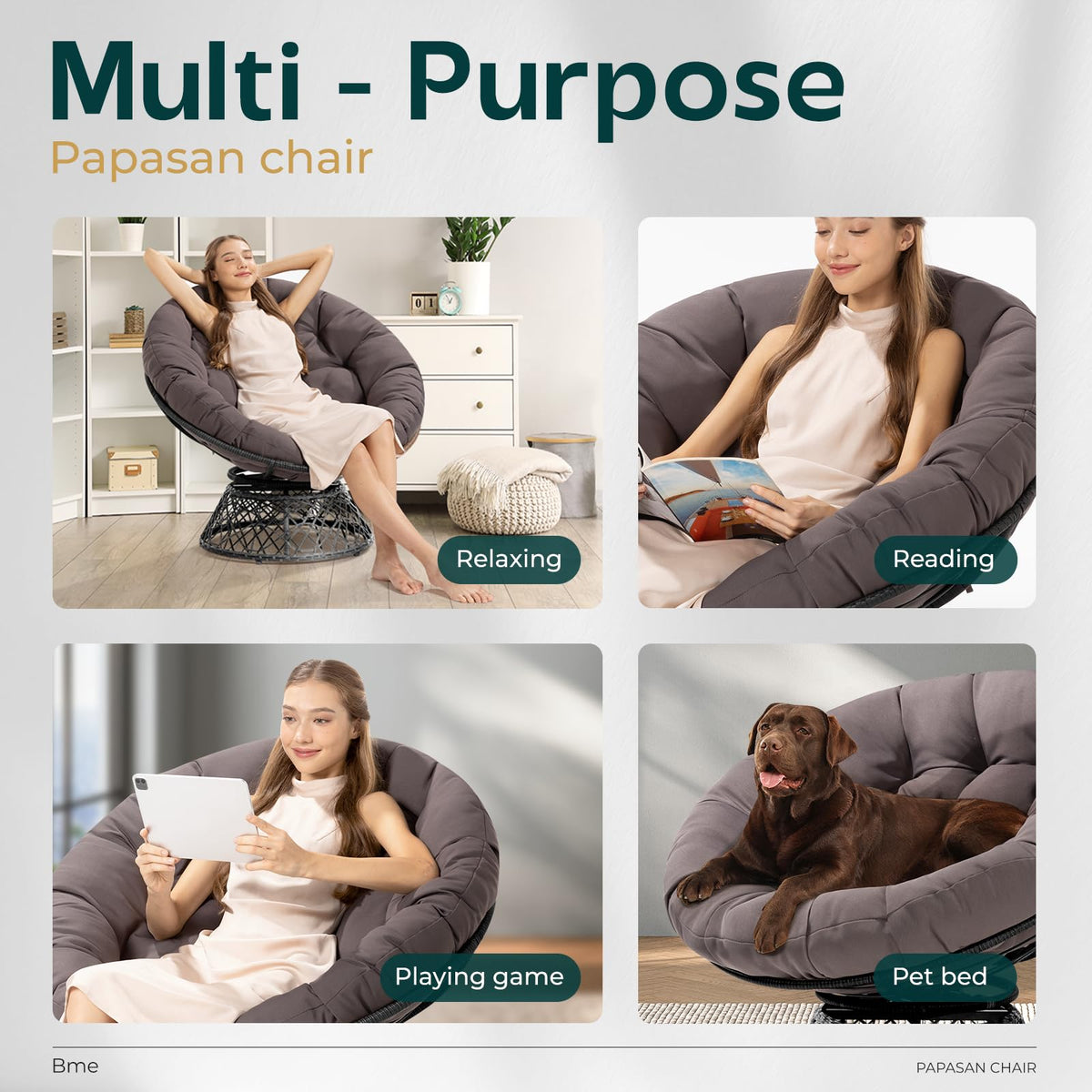 Papasan chair with smoky quartz cushion and black frame; for reading and resting