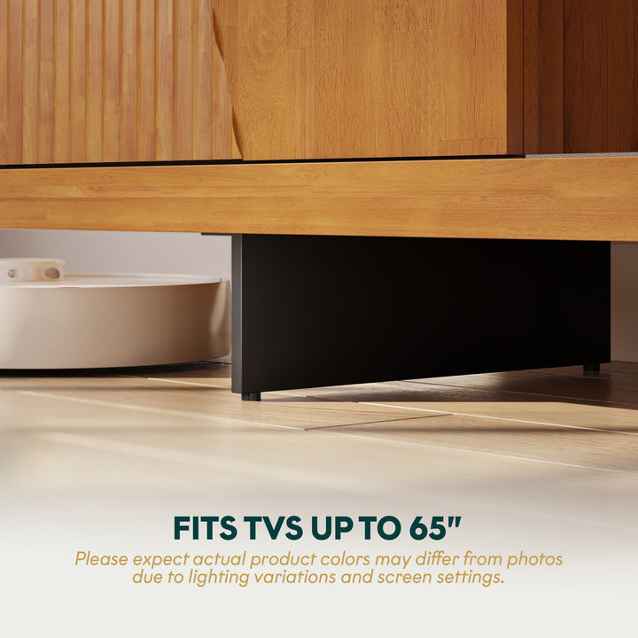 Trapeze TV stand with teak brown finish and media storage; for living room setup