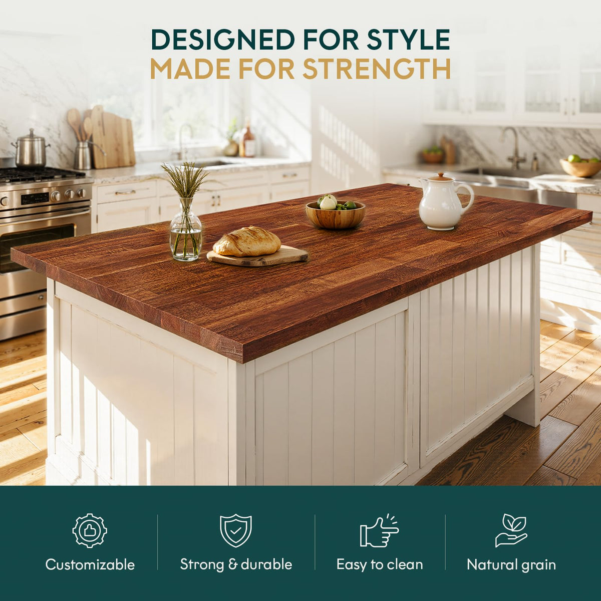 Wood tabletop panel with 48 in x 30 in x 1 in and dark walnut finish; for workbench use