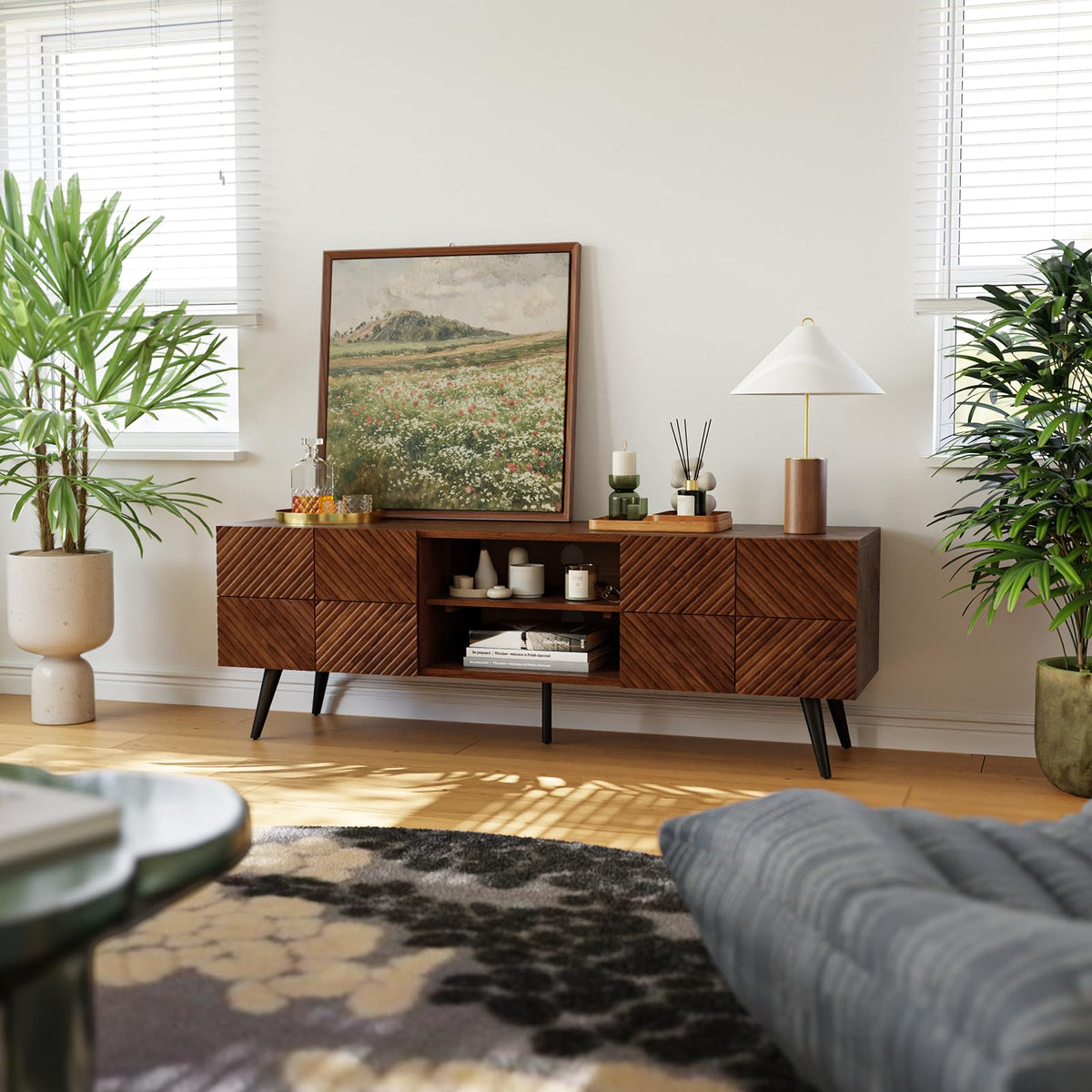 Rhombus TV stand with walnut finish and media storage; for living room setup