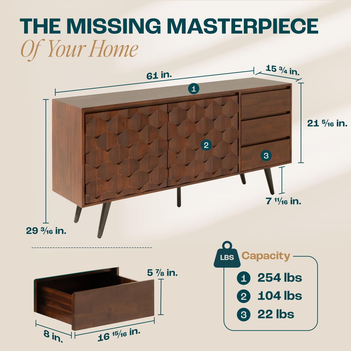 Georgina sideboard cabinet, featuring walnut finish and dining or living room storage, for living room storage
