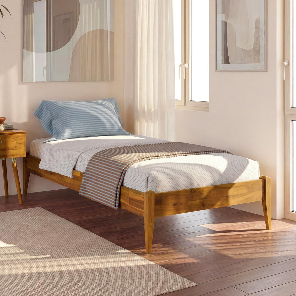 Dinkee twin platform bed frame with headboard- design and caramel finish; for bedroom furniture