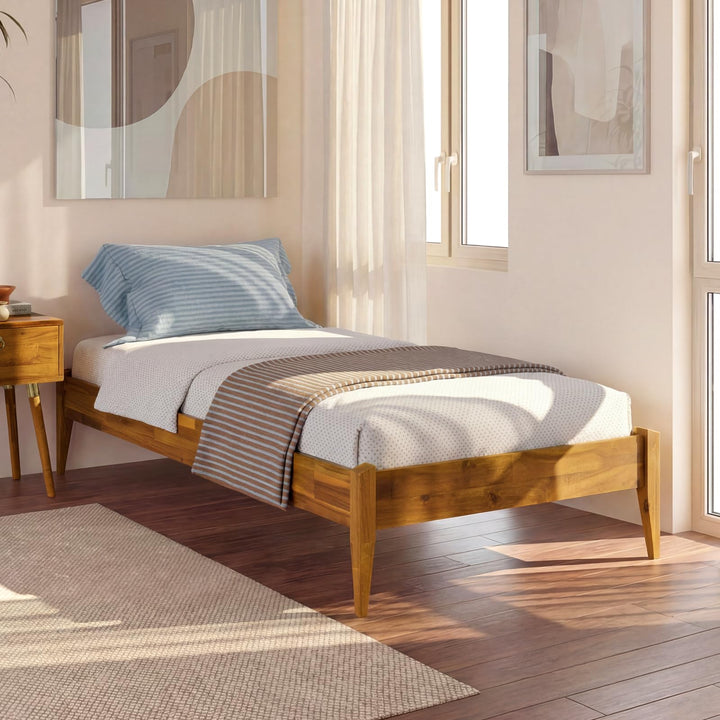Dinkee twin platform bed frame with headboard- design and caramel finish; for bedroom furniture