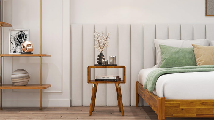 Dinkee nightstand with caramel finish and bedside storage for lamps and books