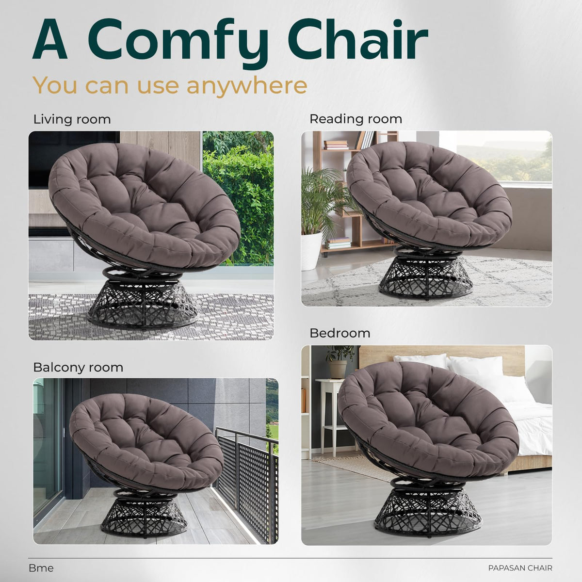 Papasan chair, featuring smoky quartz cushion and black frame, for a lounge area